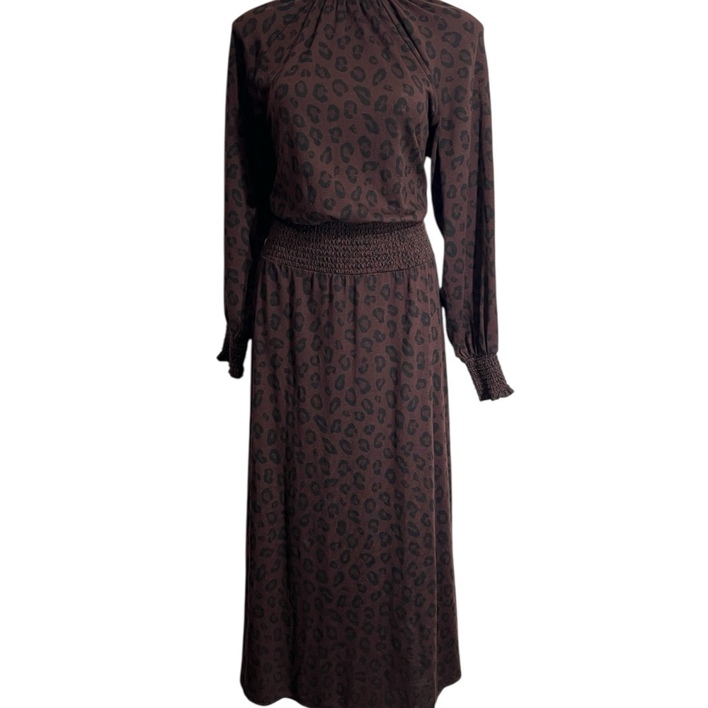 Ann Taylor Dress Sz Med Brown Animal Print Long Sleeve midi/maxi blouson office - Picture 2 of 5